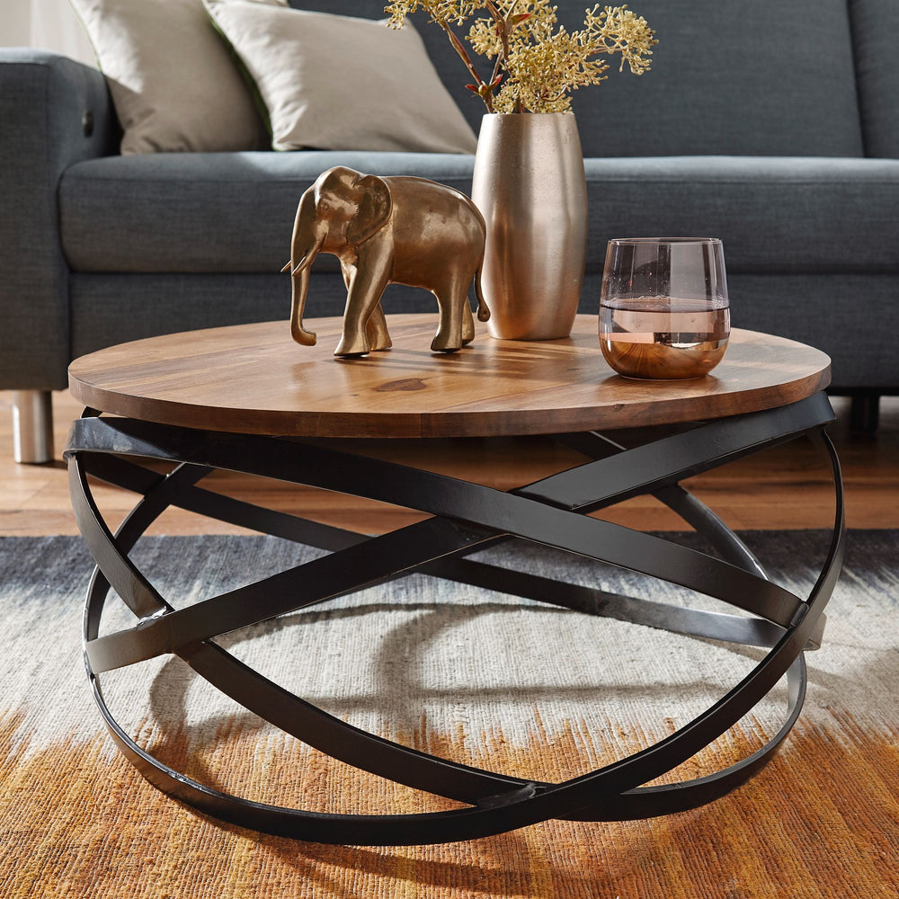 Industrial Couchtisch mit massiver Holzplatte und Metallgestell_ modernes Wohnzimmer_ komplett montiert - KADIMA DESIGN_Größe_ 60x60x30 cm_