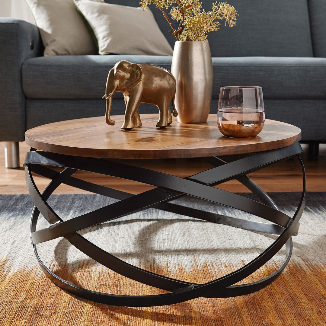 Industrial Couchtisch mit massiver Holzplatte und Metallgestell_ modernes Wohnzimmer_ komplett montiert - KADIMA DESIGN_Größe_ 60x60x30 cm_