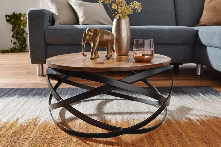 Industrial Couchtisch mit massiver Holzplatte und Metallgestell_ modernes Wohnzimmer_ komplett montiert - KADIMA DESIGN_Größe_ 60x60x30 cm_