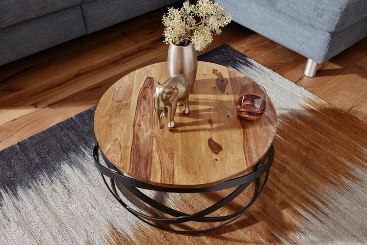 Industrial Couchtisch mit massiver Holzplatte und Metallgestell_ modernes Wohnzimmer_ komplett montiert - KADIMA DESIGN_Größe_ 60x60x30 cm_