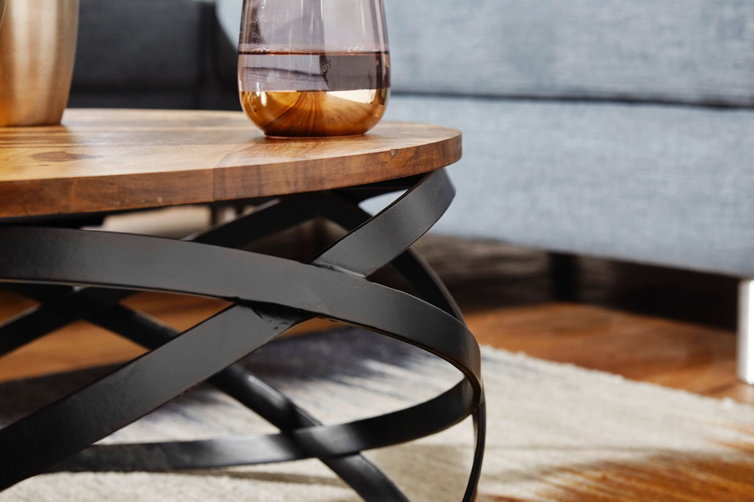 Industrial Couchtisch mit massiver Holzplatte und Metallgestell_ modernes Wohnzimmer_ komplett montiert - KADIMA DESIGN_Größe_ 60x60x30 cm_