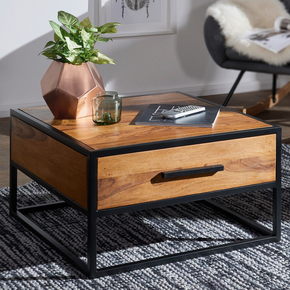 Industrie-Stil Couchtisch_ Metall und Holz_ Schublade_ 50 kg Belastbarkeit - KADIMA DESIGN_Größe_ 65x65x38 cm_