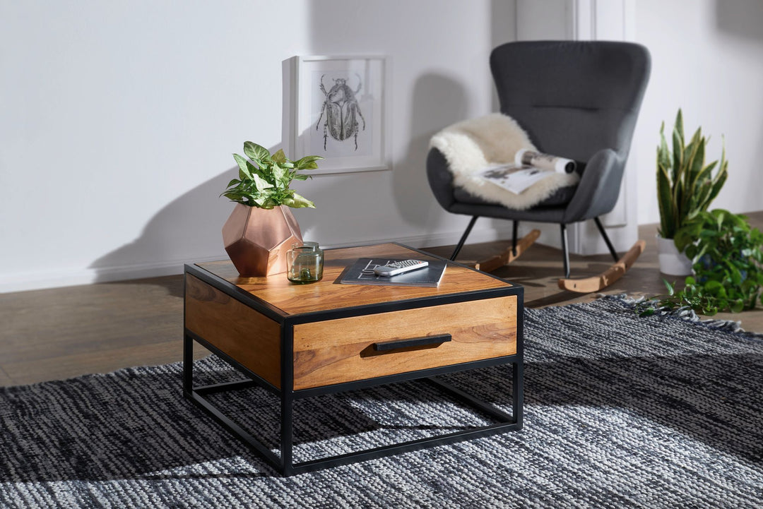 Industrie-Stil Couchtisch_ Metall und Holz_ Schublade_ 50 kg Belastbarkeit - KADIMA DESIGN_Größe_ 65x65x38 cm_