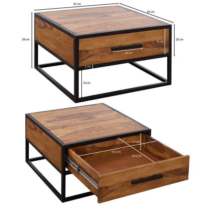 Industrie-Stil Couchtisch_ Metall und Holz_ Schublade_ 50 kg Belastbarkeit - KADIMA DESIGN_Größe_ 65x65x38 cm_