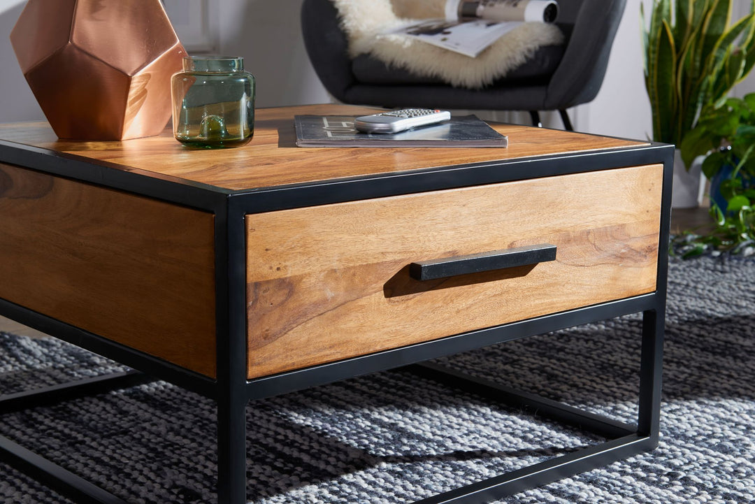Industrie-Stil Couchtisch_ Metall und Holz_ Schublade_ 50 kg Belastbarkeit - KADIMA DESIGN_Größe_ 65x65x38 cm_