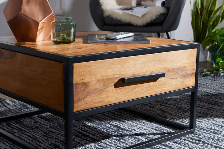 Industrie-Stil Couchtisch_ Metall und Holz_ Schublade_ 50 kg Belastbarkeit - KADIMA DESIGN_Größe_ 65x65x38 cm_