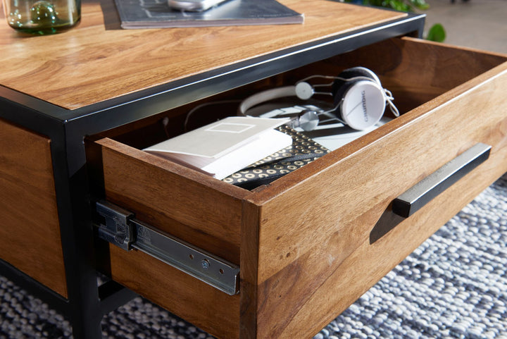 Industrie-Stil Couchtisch_ Metall und Holz_ Schublade_ 50 kg Belastbarkeit - KADIMA DESIGN_Größe_ 65x65x38 cm_