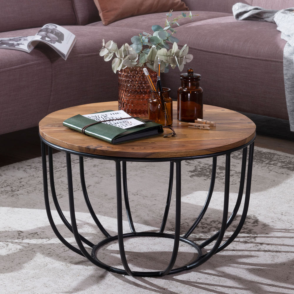 Industrial Couchtisch aus Sheesham Massivholz_ Rustikaler Stil_ Metallgestell_ Korbdesign - KADIMA DESIGN_Größe_ 60x60x39 cm_