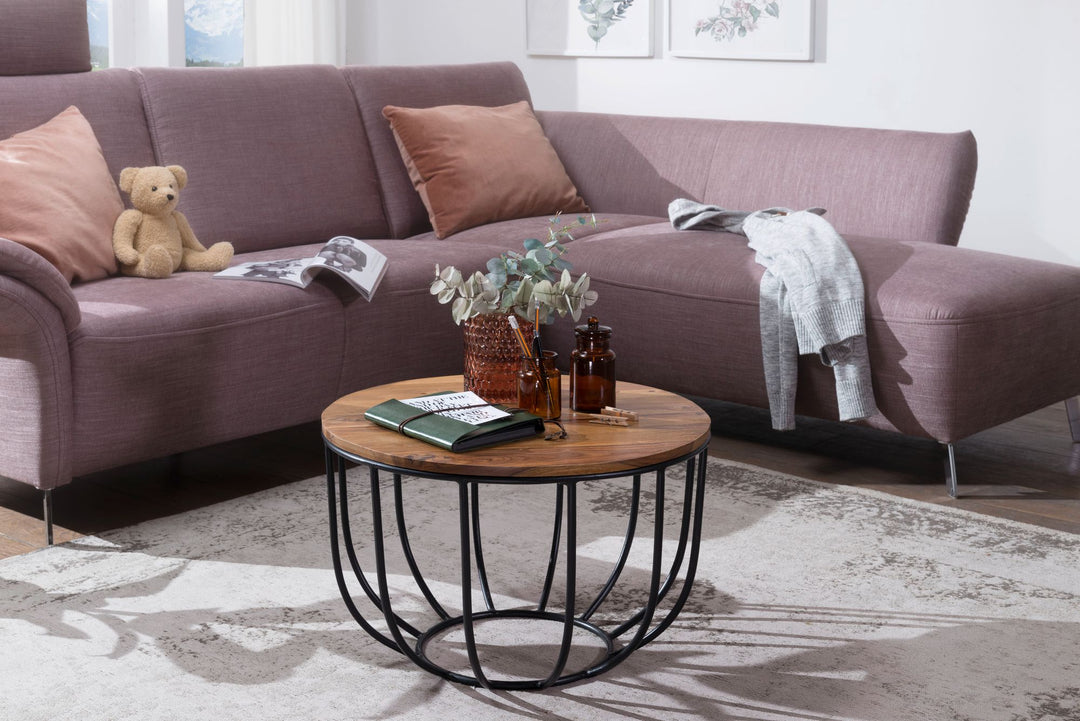Industrial Couchtisch aus Sheesham Massivholz_ Rustikaler Stil_ Metallgestell_ Korbdesign - KADIMA DESIGN_Größe_ 60x60x39 cm_