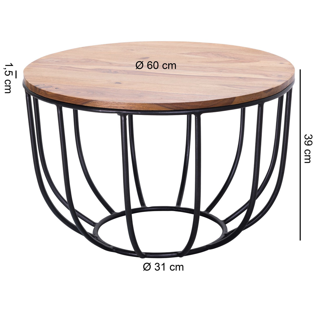 Industrial Couchtisch aus Sheesham Massivholz_ Rustikaler Stil_ Metallgestell_ Korbdesign - KADIMA DESIGN_Größe_ 60x60x39 cm_