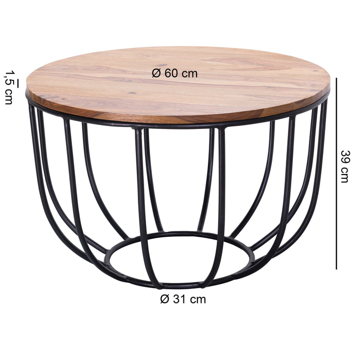 Industrial Couchtisch aus Sheesham Massivholz_ Rustikaler Stil_ Metallgestell_ Korbdesign - KADIMA DESIGN_Größe_ 60x60x39 cm_