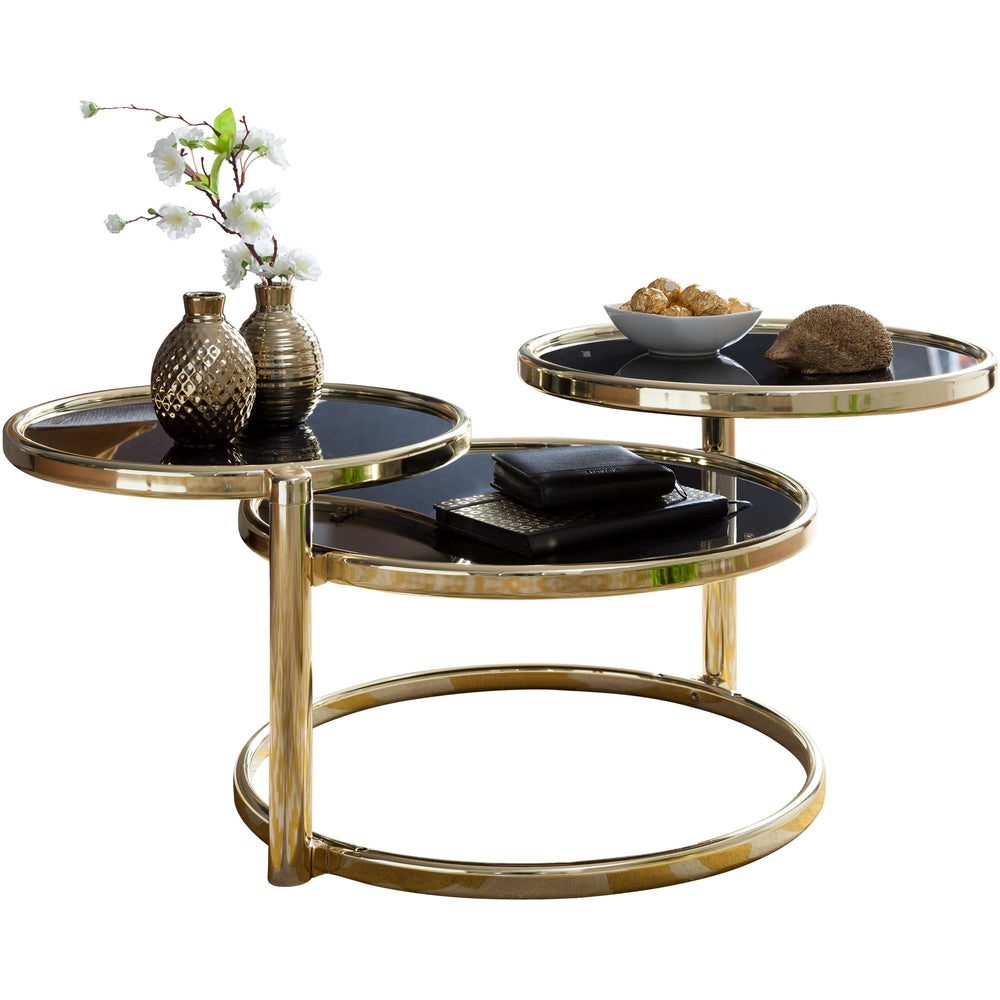 Runder Glastisch_ Schwenkbare Glasplatten_ Stahlgestell_ 58-139 cm breit_ Ø 38-47 cm_ spiegelnde schwarze Glasplatten - KADIMA DESIGN_Farbe_ Gold_ Größe_ 58x58x43 cm_