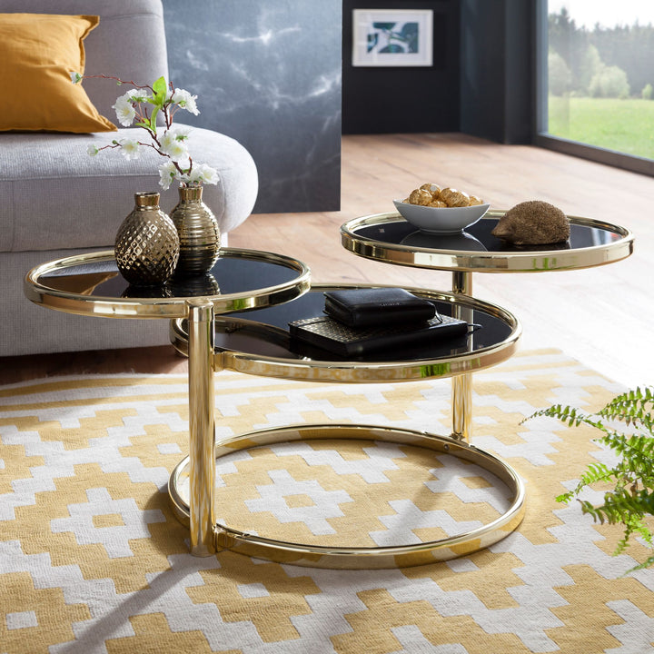 Runder Glastisch_ Schwenkbare Glasplatten_ Stahlgestell_ 58-139 cm breit_ Ø 38-47 cm_ spiegelnde schwarze Glasplatten - KADIMA DESIGN_Farbe_ Gold_ Größe_ 58x58x43 cm_