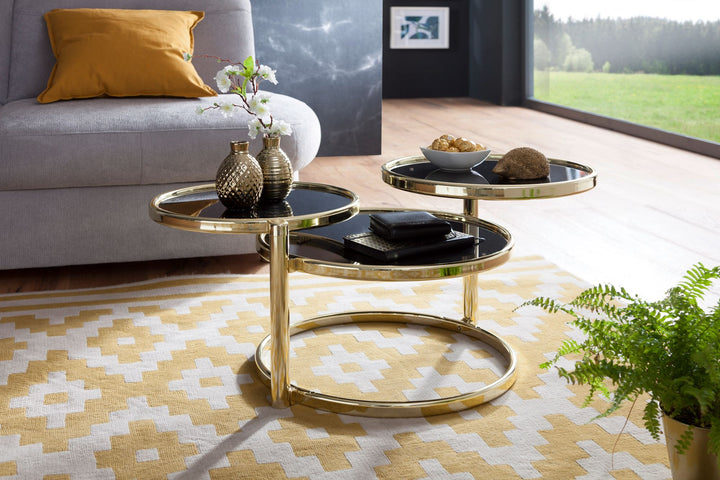 Runder Glastisch_ Schwenkbare Glasplatten_ Stahlgestell_ 58-139 cm breit_ Ø 38-47 cm_ spiegelnde schwarze Glasplatten - KADIMA DESIGN_Farbe_ Gold_ Größe_ 58x58x43 cm_