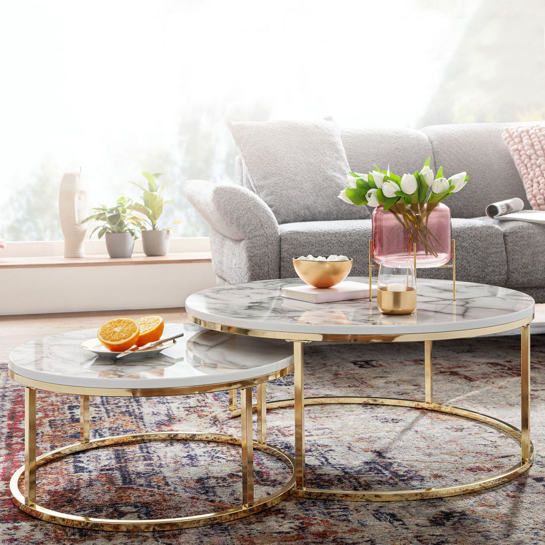Couchtisch-Set mit Marmor-Optik_ Eichenholz_ Metallgestell_ 80x80x36 cm &amp; 60x60x26 cm_ ineinanderschiebbar - KADIMA DESIGN_Farbe_ Gold_ Größe_ 80x80x36 cm_