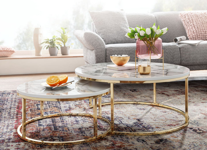 Couchtisch-Set mit Marmor-Optik_ Eichenholz_ Metallgestell_ 80x80x36 cm &amp;amp; 60x60x26 cm_ ineinanderschiebbar - KADIMA DESIGN_Farbe_ Gold_ Größe_ 80x80x36 cm_