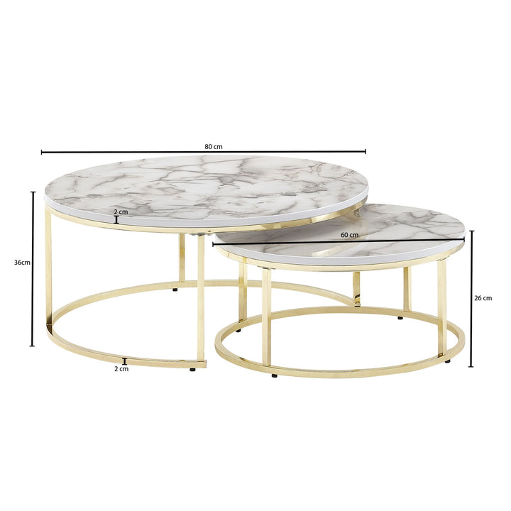 Couchtisch-Set mit Marmor-Optik_ Eichenholz_ Metallgestell_ 80x80x36 cm &amp;amp; 60x60x26 cm_ ineinanderschiebbar - KADIMA DESIGN_Farbe_ Gold_ Größe_ 80x80x36 cm_