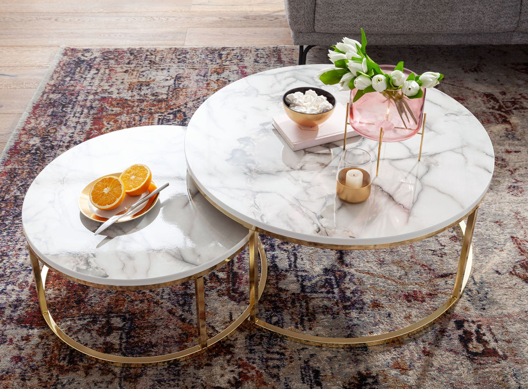 Couchtisch-Set mit Marmor-Optik_ Eichenholz_ Metallgestell_ 80x80x36 cm &amp; 60x60x26 cm_ ineinanderschiebbar - KADIMA DESIGN_Farbe_ Gold_ Größe_ 80x80x36 cm_