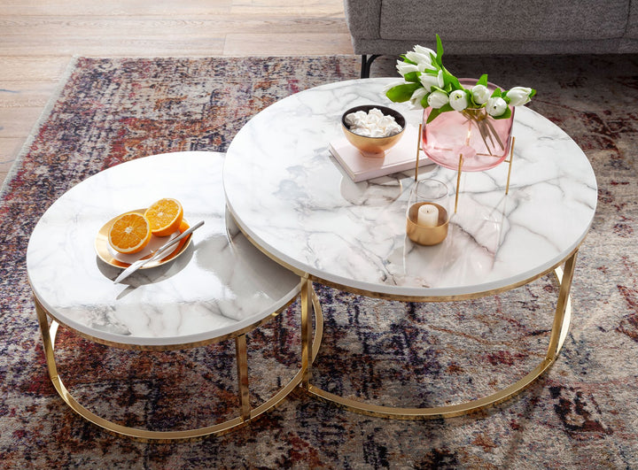 Couchtisch-Set mit Marmor-Optik_ Eichenholz_ Metallgestell_ 80x80x36 cm &amp;amp; 60x60x26 cm_ ineinanderschiebbar - KADIMA DESIGN_Farbe_ Gold_ Größe_ 80x80x36 cm_
