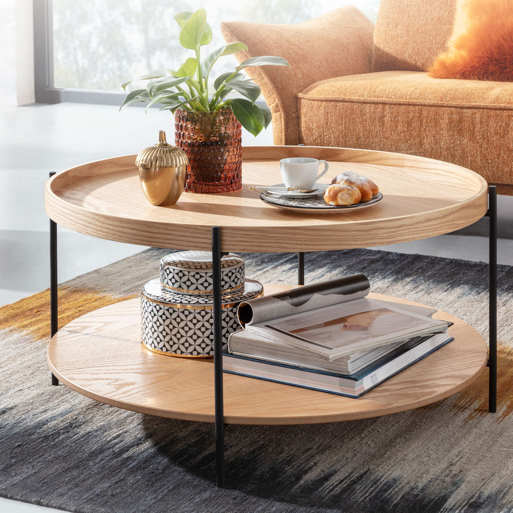 Eichenfurnier Couchtisch mit Stauraum_ Metallgestell_ Erhöhter Rand - KADIMA DESIGN_Größe_ 78x78x40 cm_