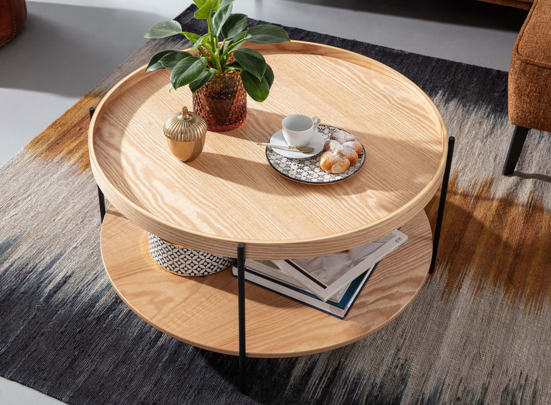 Eichenfurnier Couchtisch mit Stauraum_ Metallgestell_ Erhöhter Rand - KADIMA DESIGN_Größe_ 78x78x40 cm_