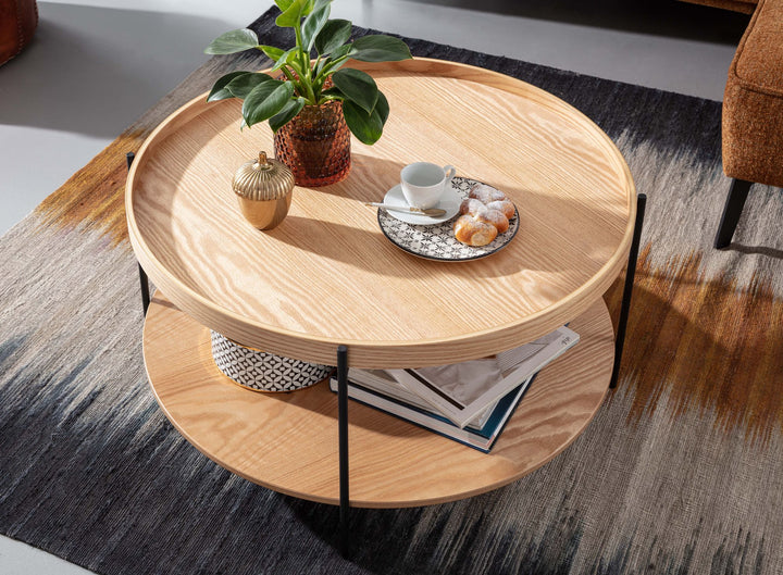 Eichenfurnier Couchtisch mit Stauraum_ Metallgestell_ Erhöhter Rand - KADIMA DESIGN_Größe_ 78x78x40 cm_