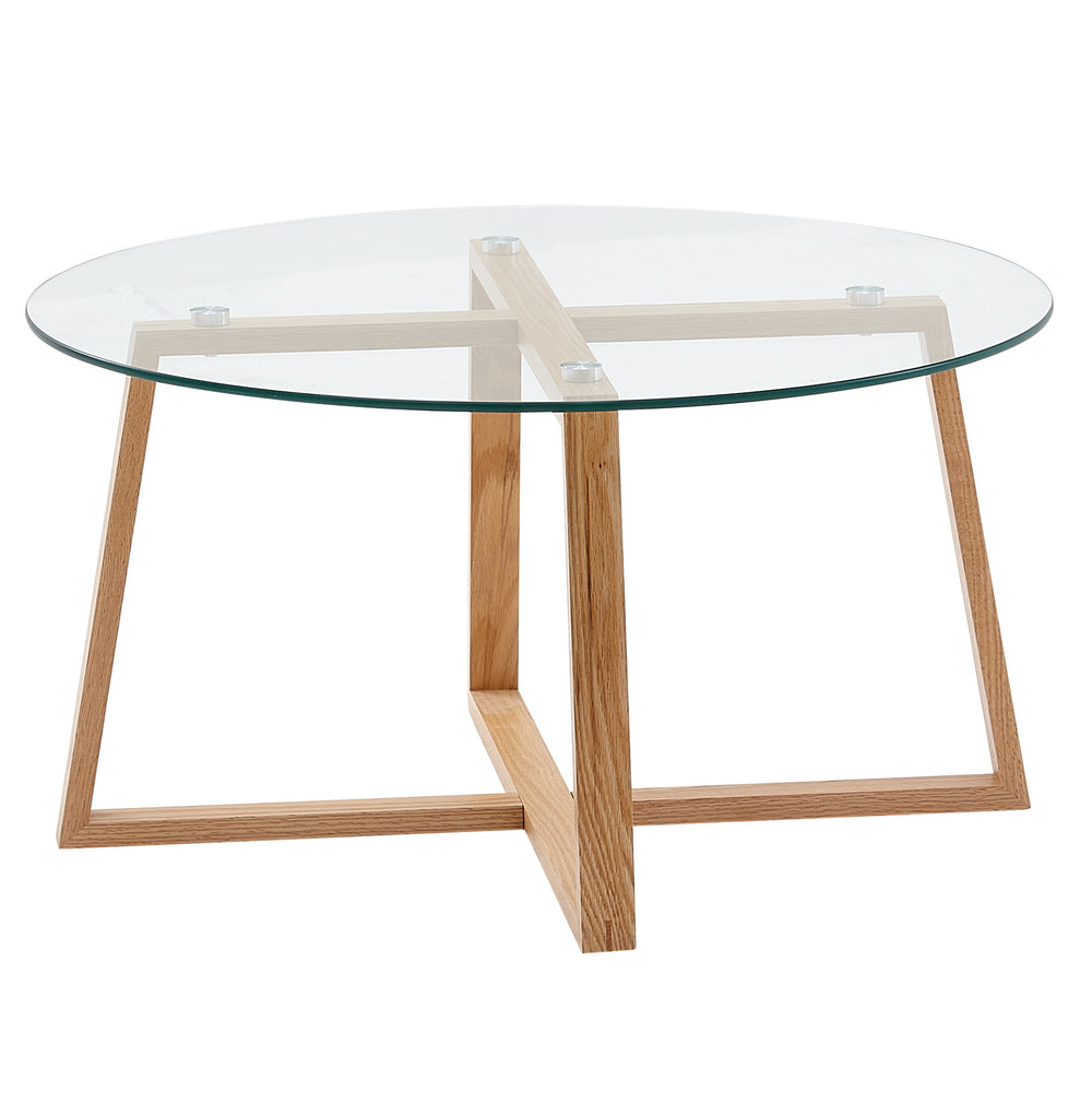 Couchtisch Eiche_ Modern_ Transparente Glasplatte_ Überkreuztes Gestell - KADIMA DESIGN_Größe_ 78x78x41 cm_