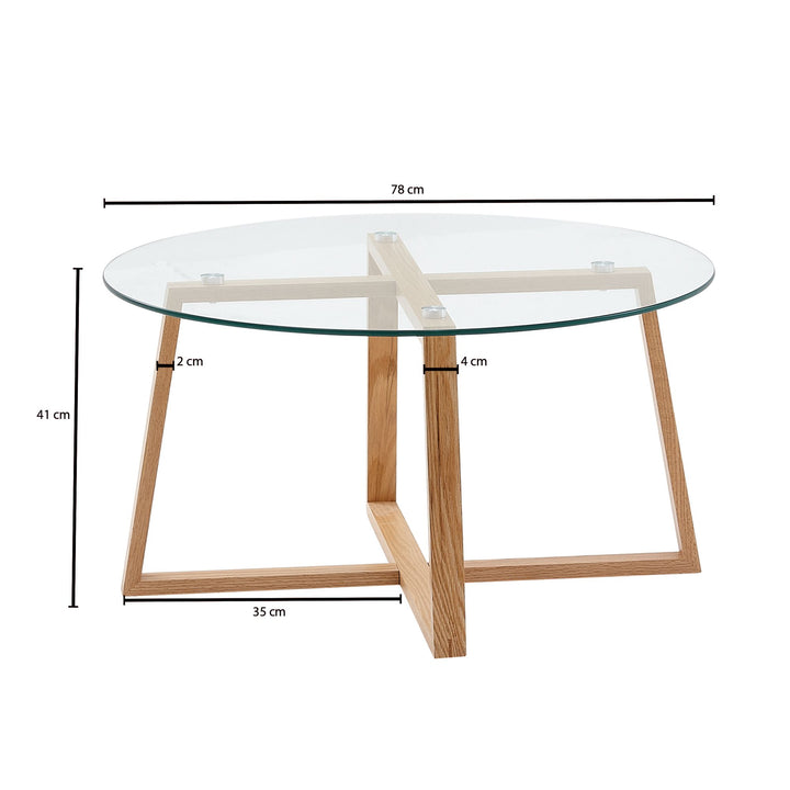 Couchtisch Eiche_ Modern_ Transparente Glasplatte_ Überkreuztes Gestell - KADIMA DESIGN_Größe_ 78x78x41 cm_