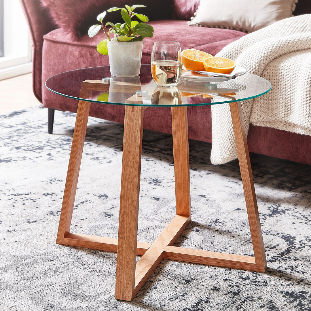 Massiver Eiche-Glas Couchtisch_ Modernes Design_ Überkreuztes Gestell - KADIMA DESIGN_Größe_ 58x58x47 cm_