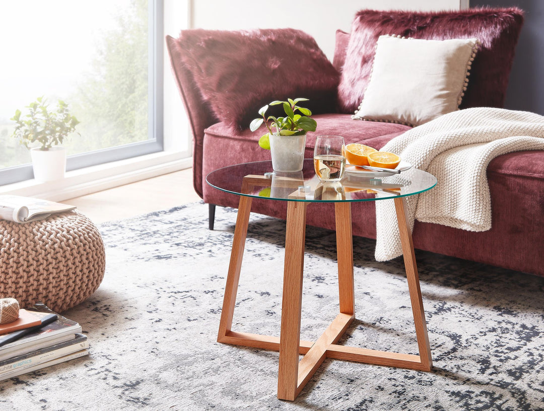 Massiver Eiche-Glas Couchtisch_ Modernes Design_ Überkreuztes Gestell - KADIMA DESIGN_Größe_ 58x58x47 cm_