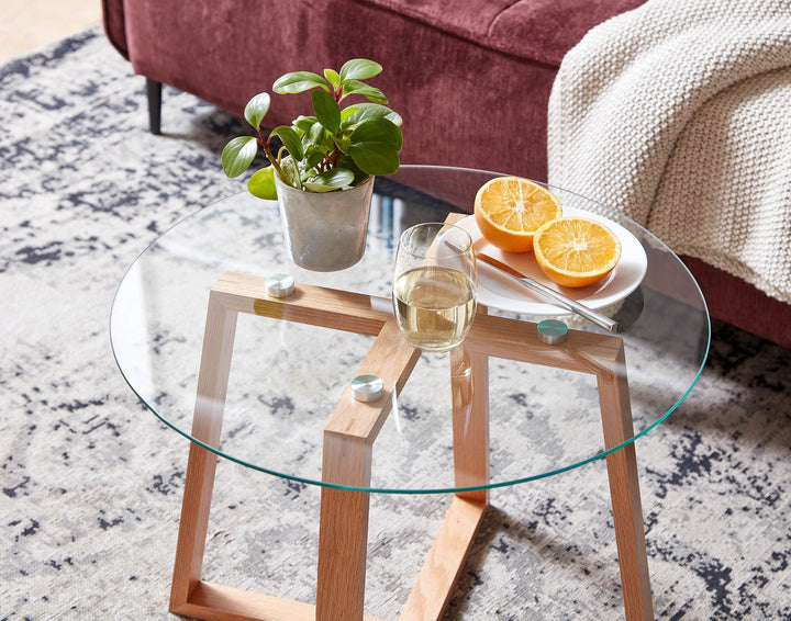 Massiver Eiche-Glas Couchtisch_ Modernes Design_ Überkreuztes Gestell - KADIMA DESIGN_Größe_ 58x58x47 cm_