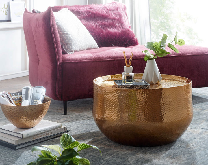 Orientalischer Couchtisch ANIENE_ Hammerschlag-Struktur_ Aluminium_ hohl_ 40 kg Belastung_ goldfarben lackiert - KADIMA DESIGN_Farbe_ Gold_ Größe_ 60x60x35 cm_