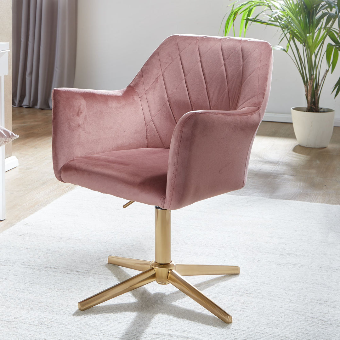 Sessel-Drehstuhl TANARO_ Samtbezug_ Eisenuntergestell_ Armlehnen_ 360° drehbar_ Polyesterstoff - KADIMA DESIGN_Farbe_ Rosa_ Größe_ 97x55x55 cm_