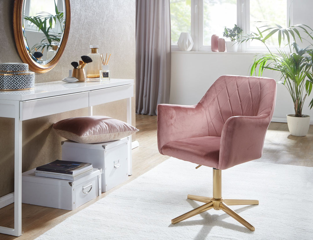 Sessel-Drehstuhl TANARO_ Samtbezug_ Eisenuntergestell_ Armlehnen_ 360° drehbar_ Polyesterstoff - KADIMA DESIGN_Farbe_ Rosa_ Größe_ 97x55x55 cm_
