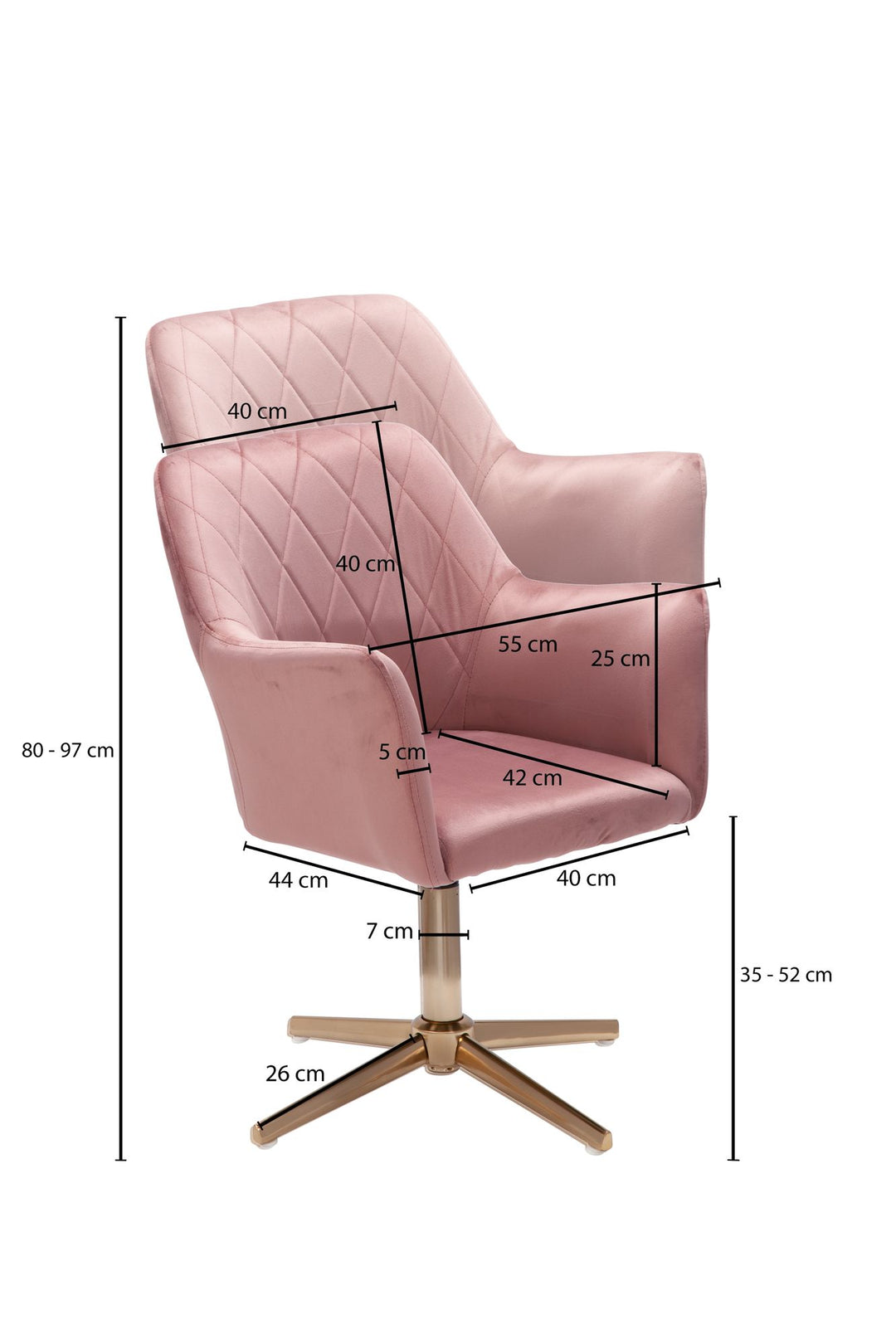 Sessel-Drehstuhl TANARO_ Samtbezug_ Eisenuntergestell_ Armlehnen_ 360° drehbar_ Polyesterstoff - KADIMA DESIGN_Farbe_ Rosa_ Größe_ 97x55x55 cm_