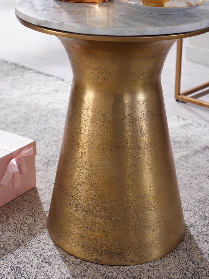 KADIMA DESIGN Echter Marmor Beistelltisch - Luxuriöser runder Sofatisch mit goldfarbenem Metallgestell (35x35x45 cm)_Weiß_#sku_BARWL6.627#