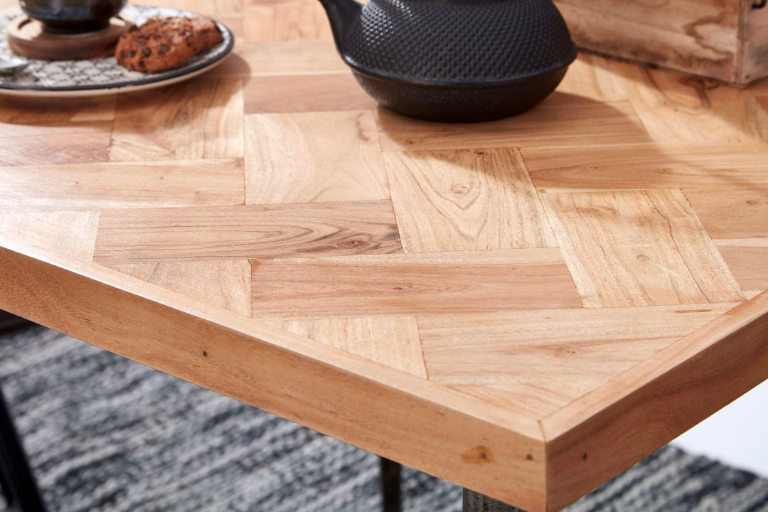 KADIMA DESIGN Industrial Esstisch - Quadratische Tischplatte mit Fischgrät-Muster aus Akazienholz - Modernes Esszimmermöbel_Beige_#sku_BARWL5.633#