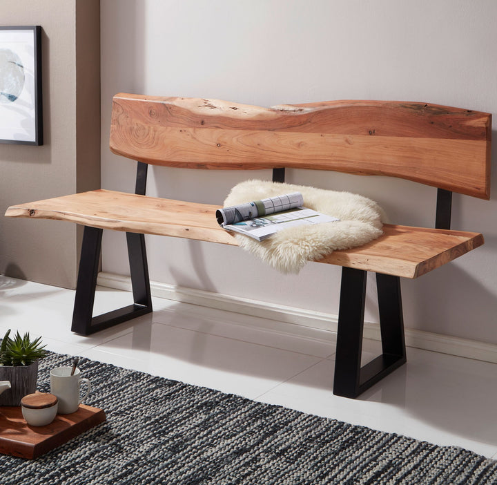 Esszimmerbank Landhaus-Stil_ Baumkantenverzierung_ Akazienholz_ 160x83_5x60 cm_ schwarzes Eisen-Gestell - KADIMA DESIGN_Größe_ 160x60x84 cm_