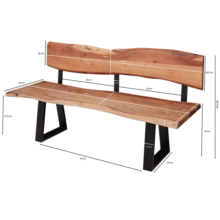 Esszimmerbank Landhaus-Stil_ Baumkantenverzierung_ Akazienholz_ 160x83_5x60 cm_ schwarzes Eisen-Gestell - KADIMA DESIGN_Größe_ 160x60x84 cm_