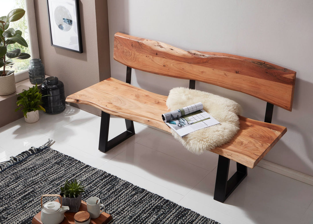 Esszimmerbank Landhaus-Stil_ Baumkantenverzierung_ Akazienholz_ 160x83_5x60 cm_ schwarzes Eisen-Gestell - KADIMA DESIGN_Größe_ 160x60x84 cm_