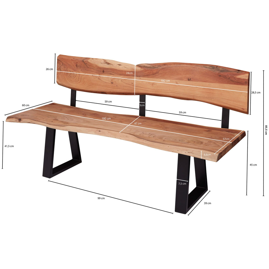 Esszimmerbank Landhaus-Stil_ Baumkantenverzierung_ Akazienholz_ 160x83_5x60 cm_ schwarzes Eisen-Gestell - KADIMA DESIGN_Größe_ 180x60x84 cm_