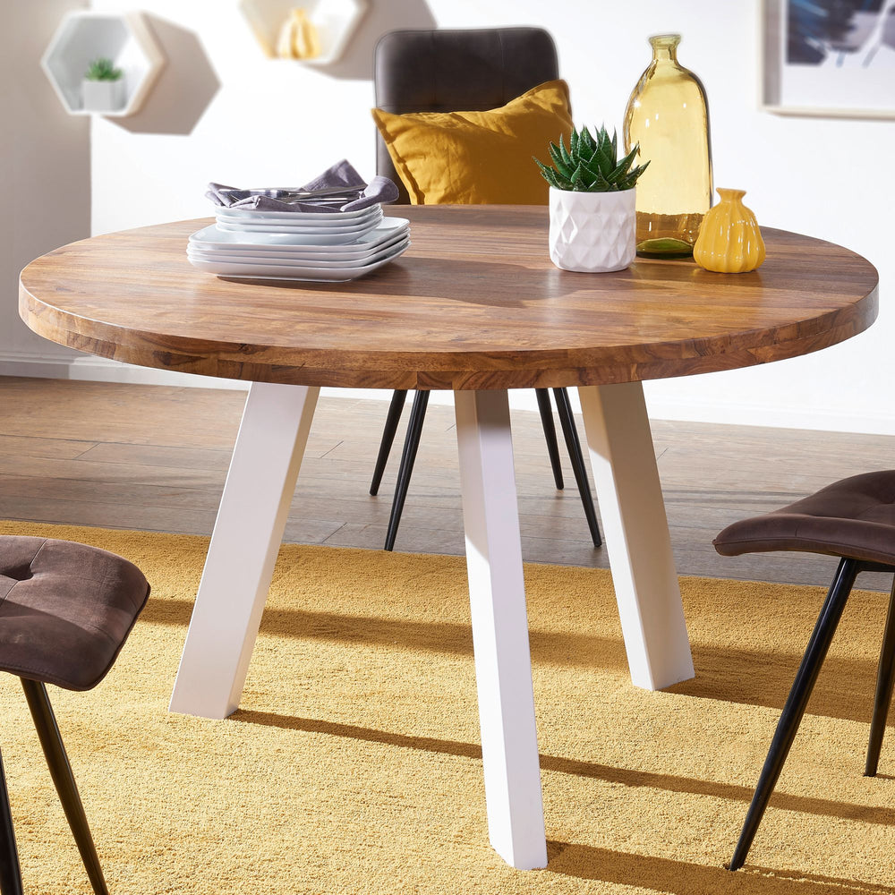 KADIMA DESIGN Moderner Esszimmertisch aus Sheesham Massivholz - Runder Tisch mit weißen Beinen (130 cm)_Braun_#sku_BARWL5.652#
