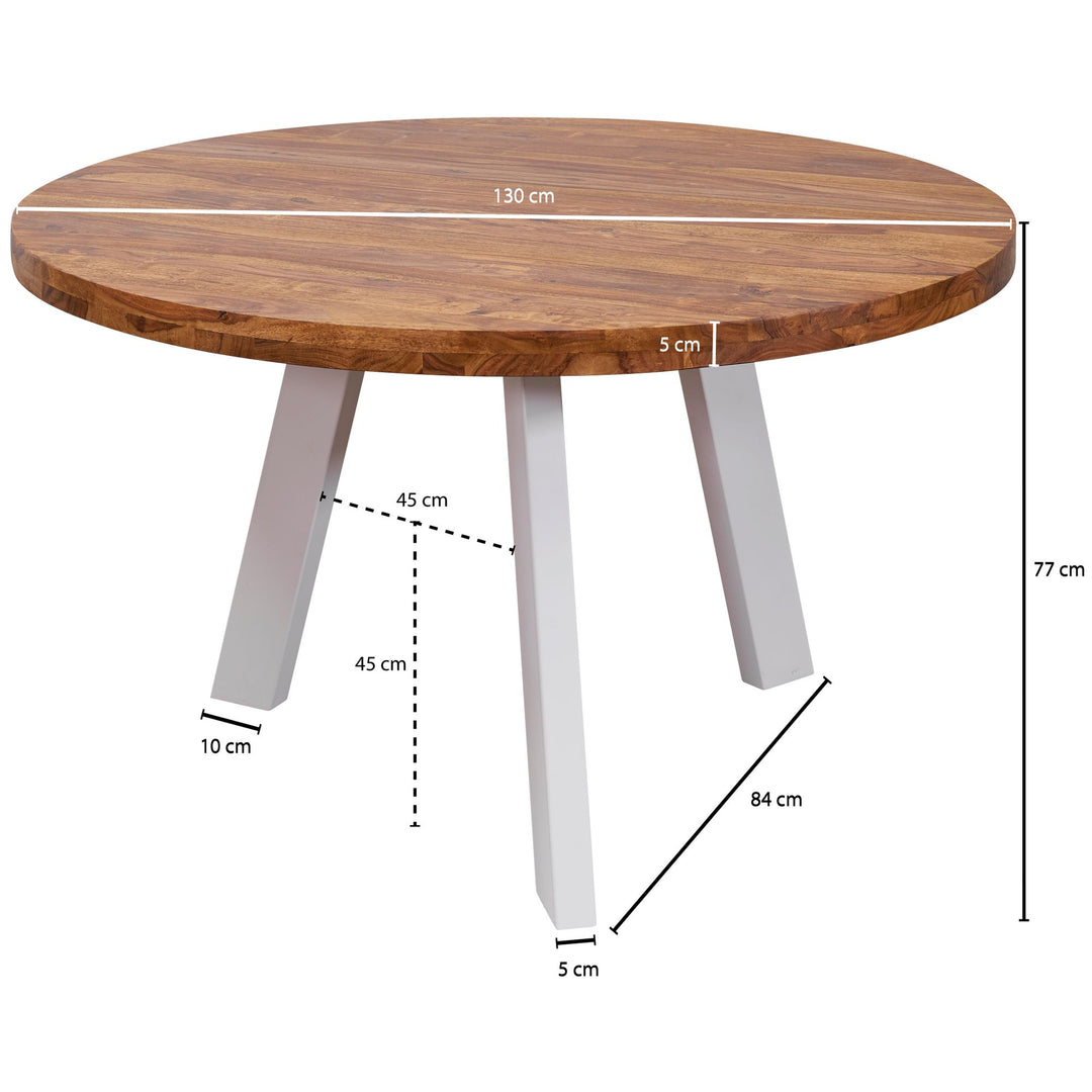 Moderner Esszimmertisch Sheesham Massivholz_ Rund_ weiße Beine_ 130 cm - KADIMA DESIGN_Größe_ 130x130x77 cm_