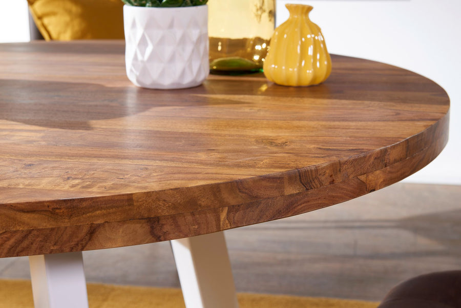 Moderner Esszimmertisch Sheesham Massivholz_ Rund_ weiße Beine_ 130 cm - KADIMA DESIGN_Größe_ 130x130x77 cm_