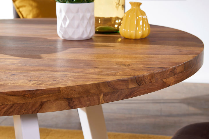 Moderner Esszimmertisch Sheesham Massivholz_ Rund_ weiße Beine_ 130 cm - KADIMA DESIGN_Größe_ 130x130x77 cm_