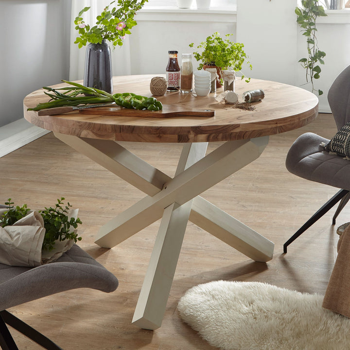 Esstisch TEKO_ Massivholz Rund_ 120 cm Durchmesser_ Sheesham Holz_ Kreuzbeine_ Handgefertigt - KADIMA DESIGN_Farbe_ Beige_ Größe_ 120x120x75 cm_