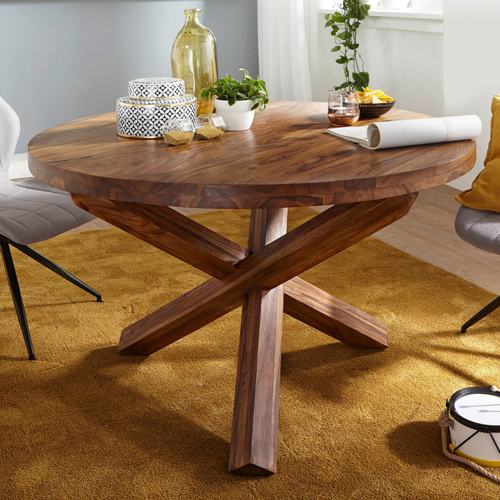 Esstisch TEKO_ Massivholz Rund_ 120 cm Durchmesser_ Sheesham Holz_ Kreuzbeine_ Handgefertigt - KADIMA DESIGN_Farbe_ Braun_ Größe_ 120x120x75 cm_