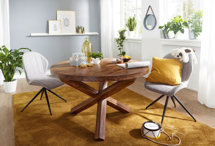 Esstisch TEKO_ Massivholz Rund_ 120 cm Durchmesser_ Sheesham Holz_ Kreuzbeine_ Handgefertigt - KADIMA DESIGN_Farbe_ Braun_ Größe_ 120x120x75 cm_