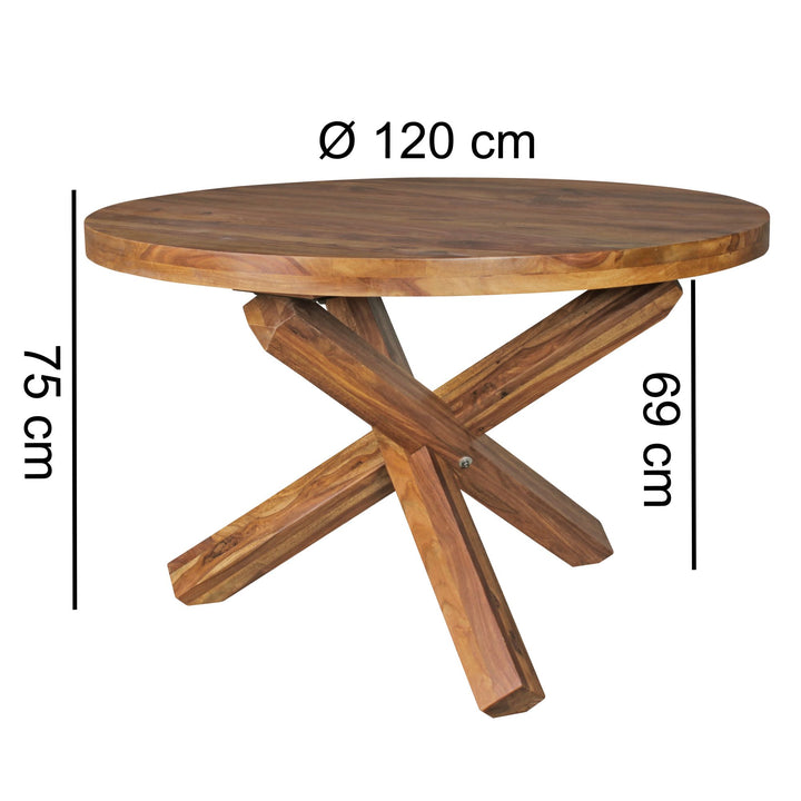 Esstisch TEKO_ Massivholz Rund_ 120 cm Durchmesser_ Sheesham Holz_ Kreuzbeine_ Handgefertigt - KADIMA DESIGN_Farbe_ Braun_ Größe_ 120x120x75 cm_
