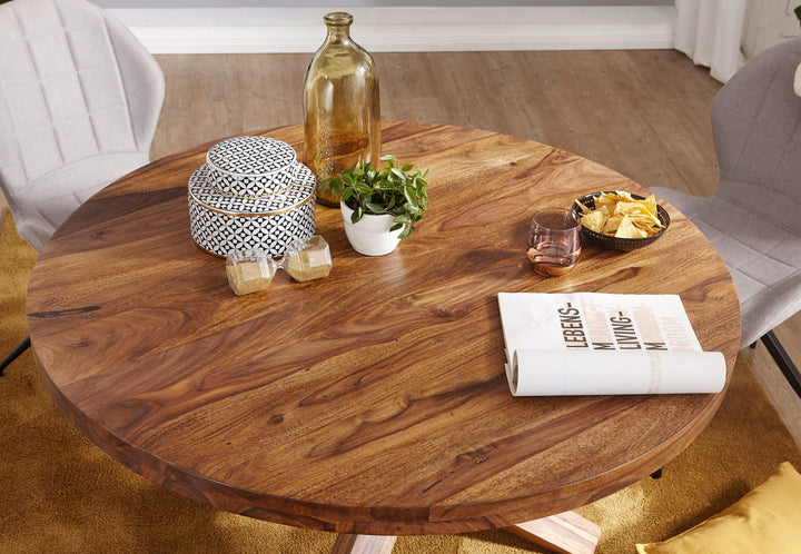 Esstisch TEKO_ Massivholz Rund_ 120 cm Durchmesser_ Sheesham Holz_ Kreuzbeine_ Handgefertigt - KADIMA DESIGN_Farbe_ Braun_ Größe_ 120x120x75 cm_